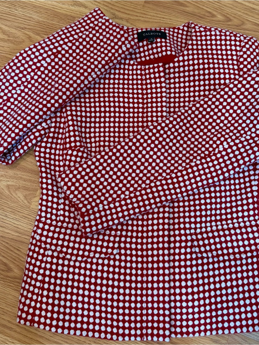 Vintage 90s Y2K Talbots Womens 2 Red White Polka Dot Tweed Jacket Collarless Zip